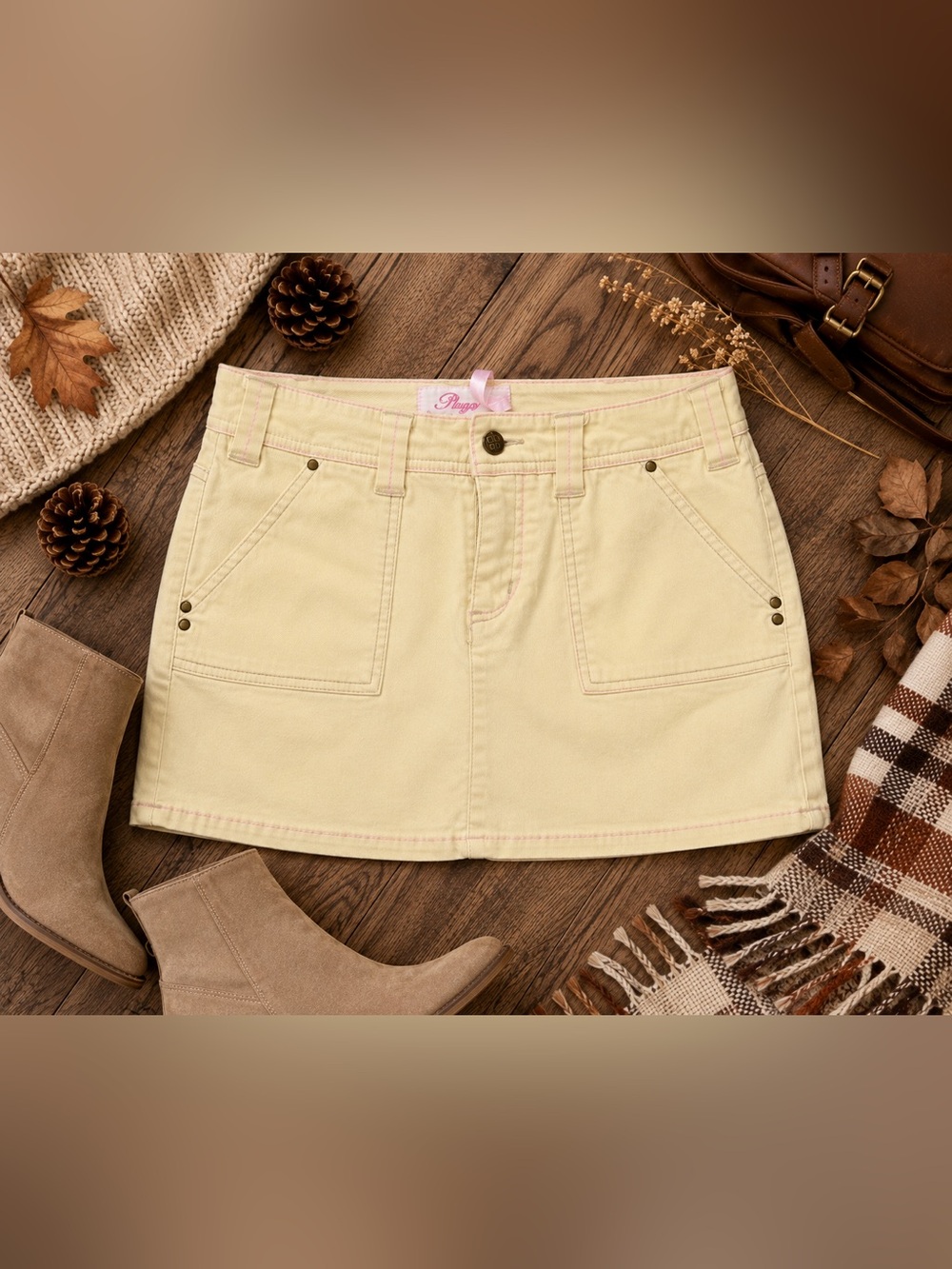 Plugg Y2K Yellow Mini Skort Pink Stitching Cargo Pocket Size 5